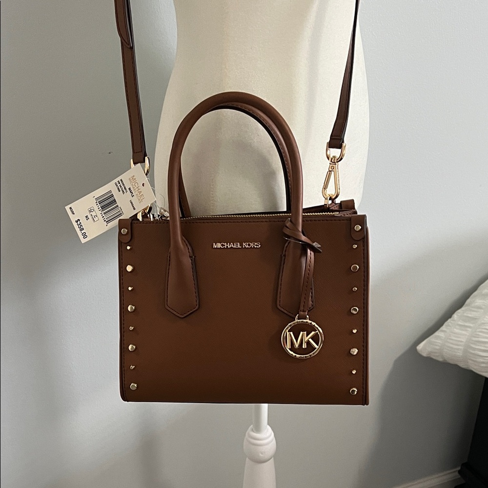 Michael Kors Brown Saffiano Studded Satchel with Gold Hardware